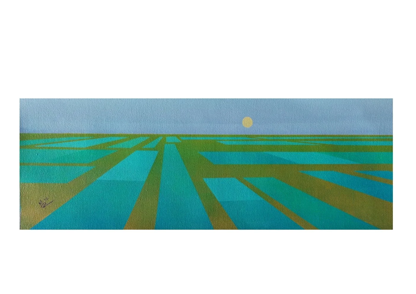 Colorful landscape with lines of water and land, sunset in the background, abstract style.