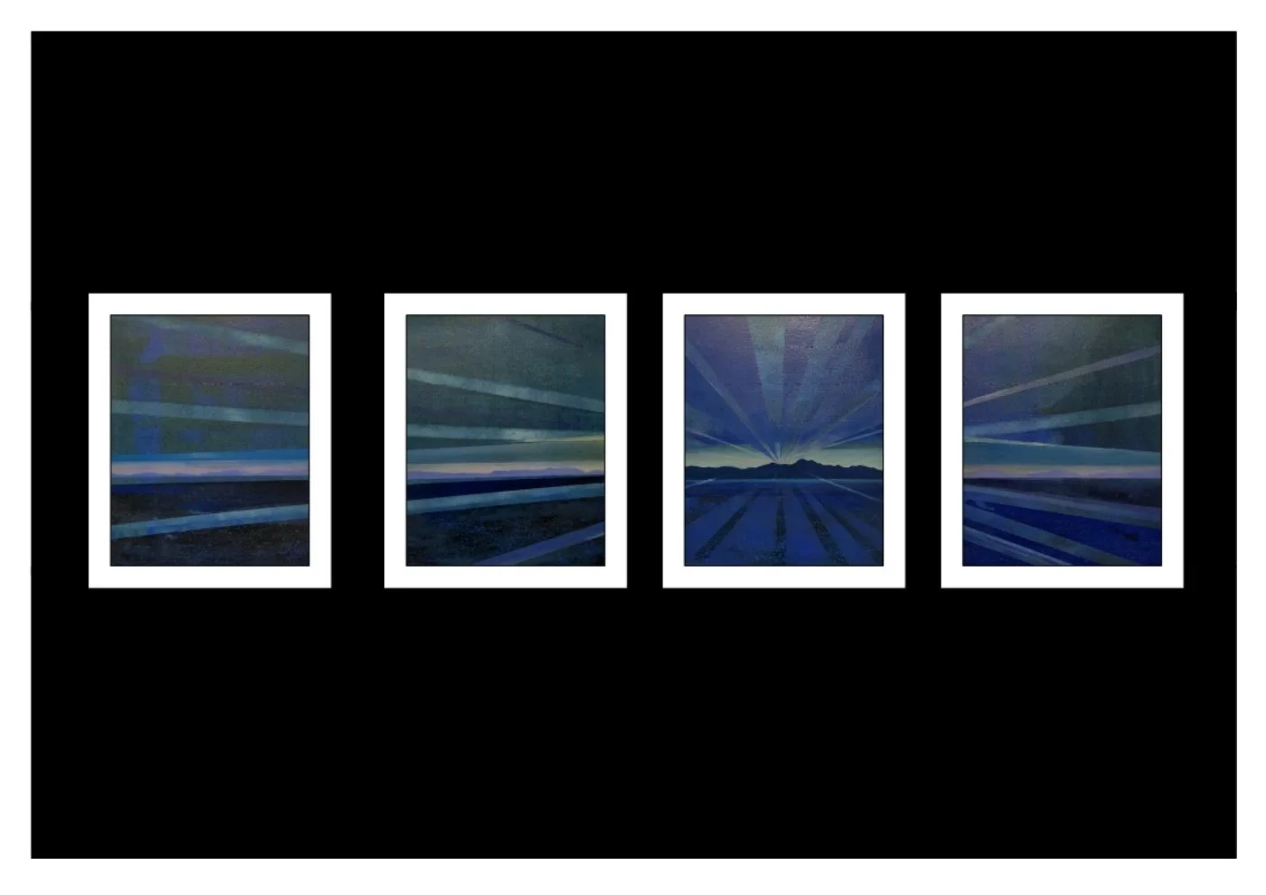 A four-panel abstract digital art piece depicting a stylized landscape with rays of light emanating from a central point, set against a dark background.