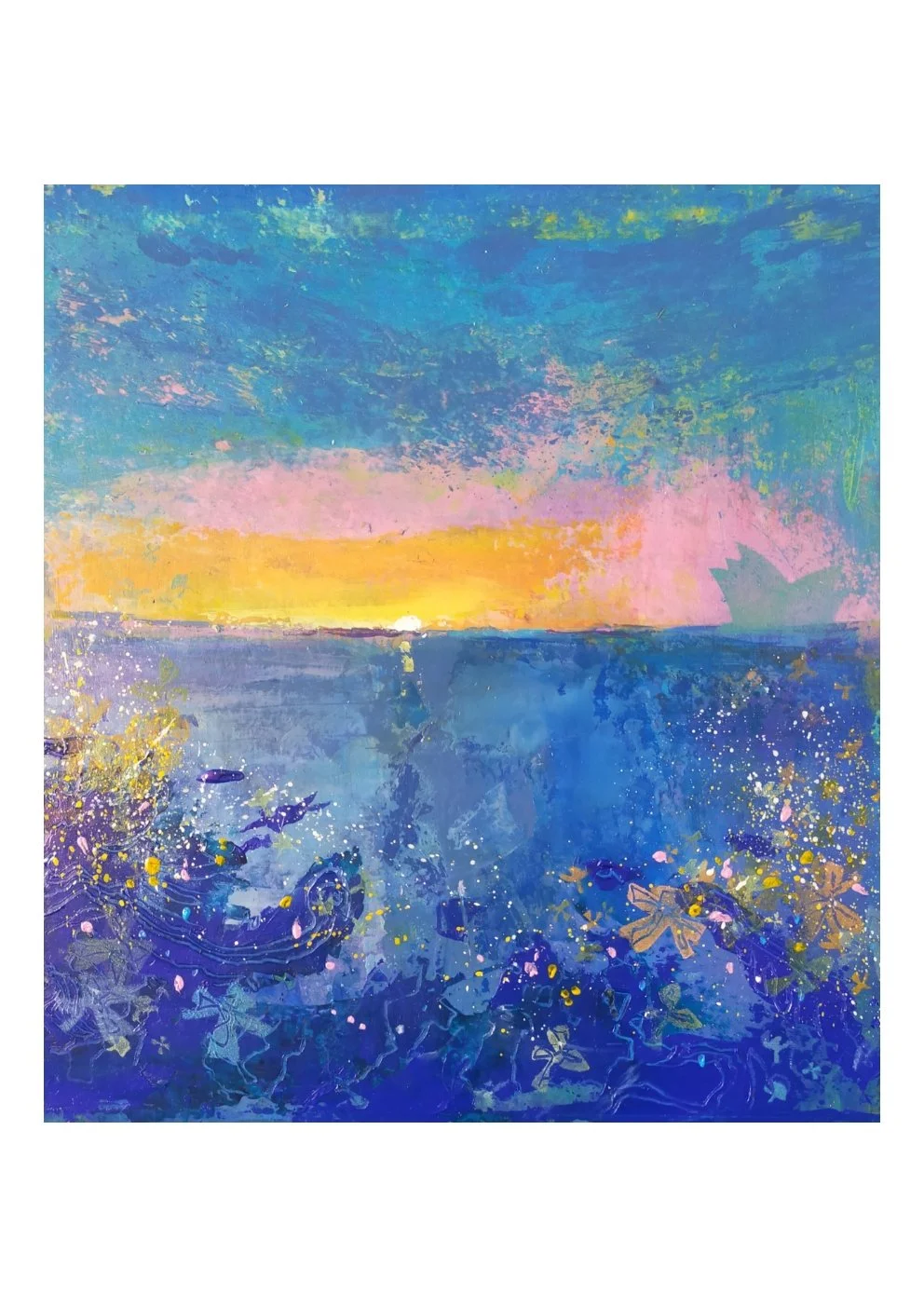 Abstract painting depicting a sunset over the ocean with colorful flowers and foliage in the foreground.