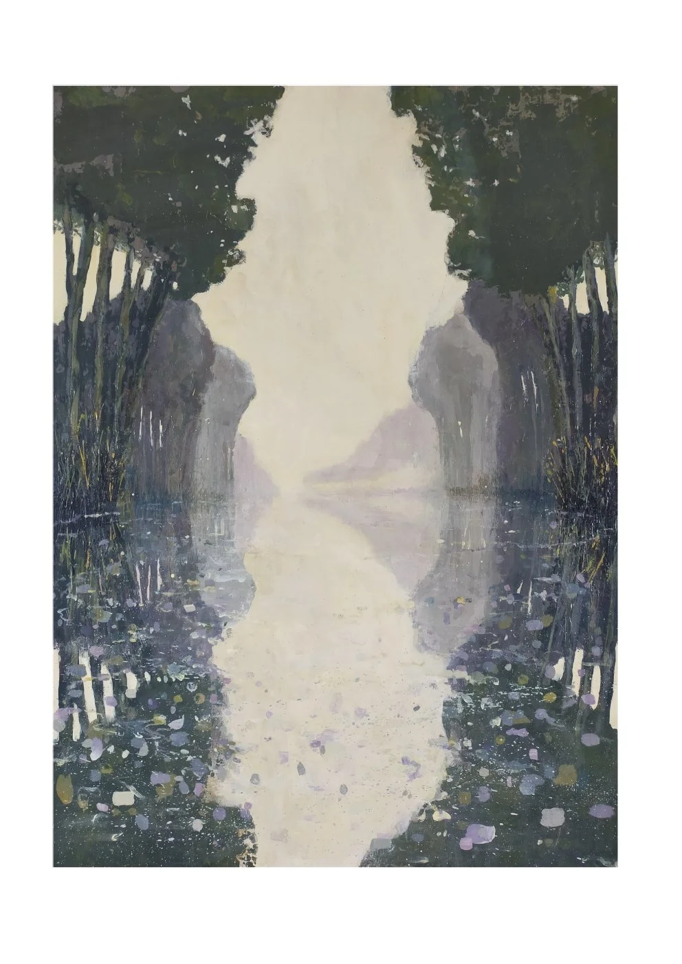 A misty landscape painting of a river flowing between rocky cliffs, framed by dense trees on both sides, with a soft, foggy atmosphere.
