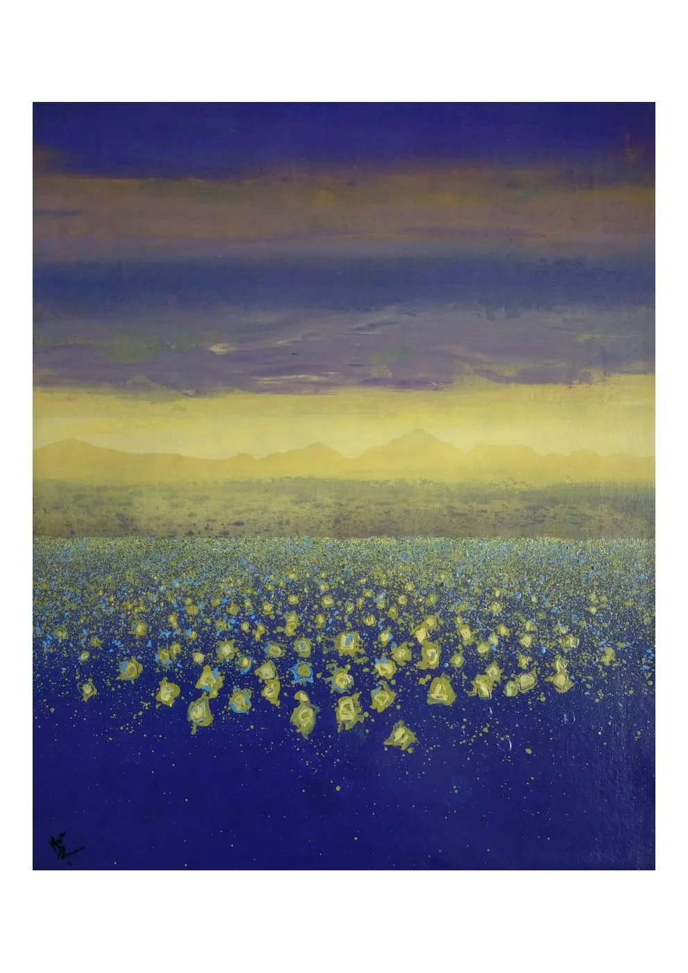 A surreal landscape painting featuring a field of abstract yellow flowers with a dark blue foreground, a yellow-tinged middle ground, and a sky with dark blue and purple clouds at sunset or dusk.