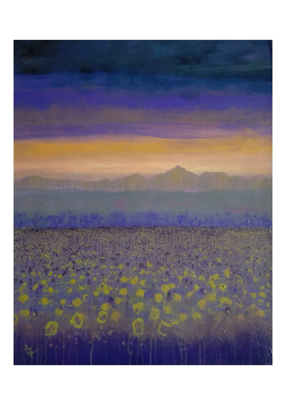 A landscape painting depicting a field of yellow flowers in the foreground with mountains and a colorful sky at sunset or dawn, featuring purple, orange, and dark blue hues.