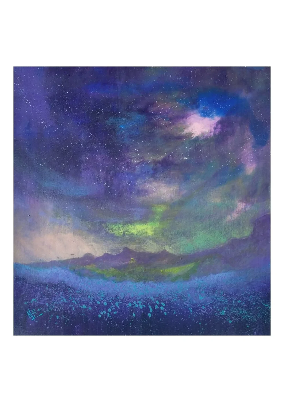 A painting of a starry night sky with the Milky Way galaxy, vibrant colors, and a mountain landscape below, featuring shades of blue, purple, and green.