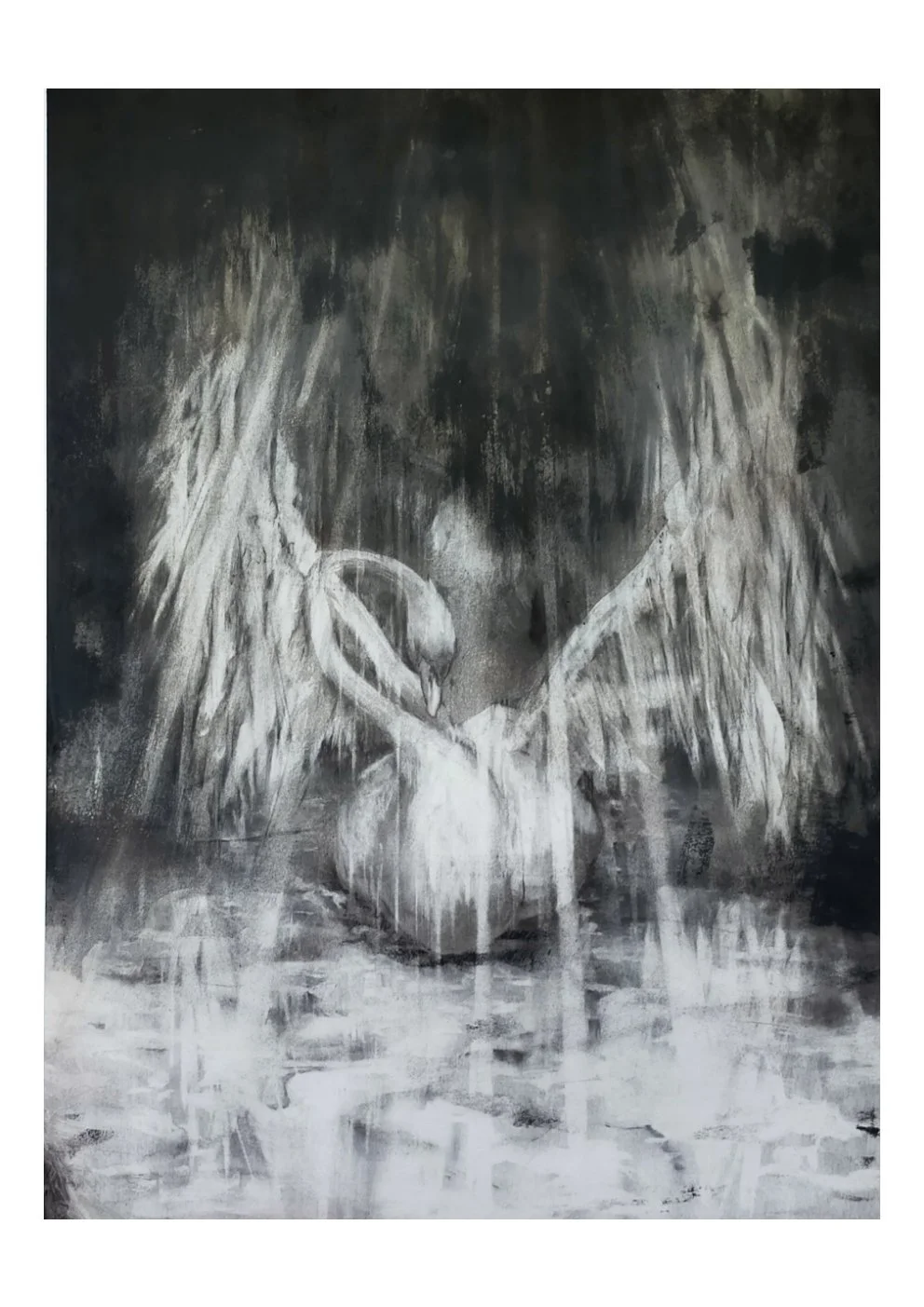 Black and white artistic depiction of a swan with long necks intertwining, surrounded by abstract textured background.