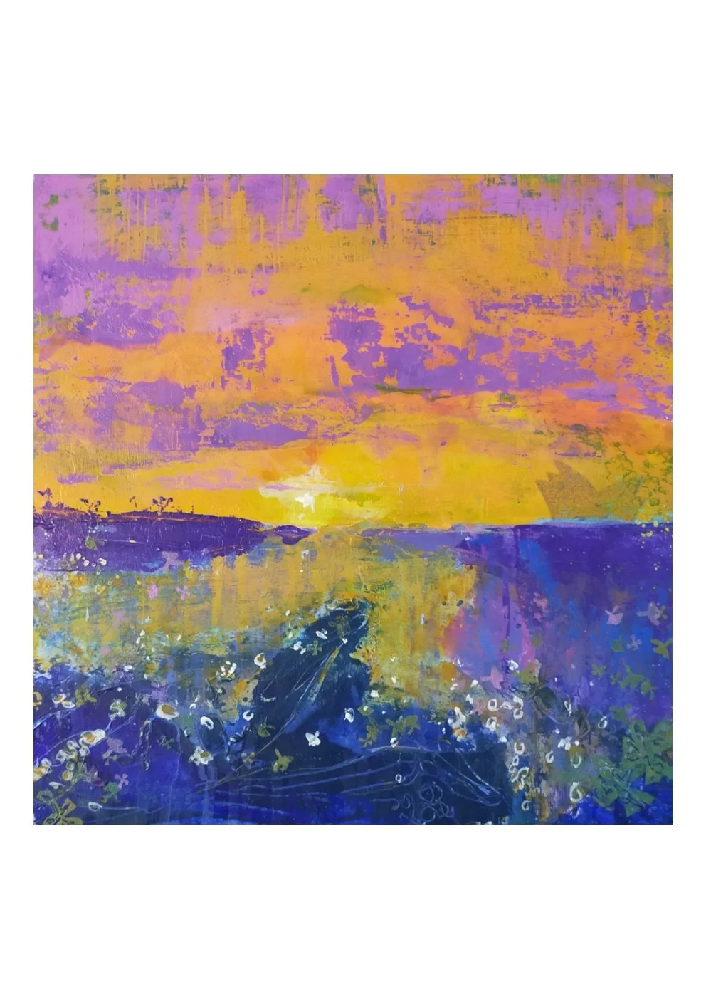 Abstract painting of a sunset over a lavender field with a dark horse figure in the foreground.