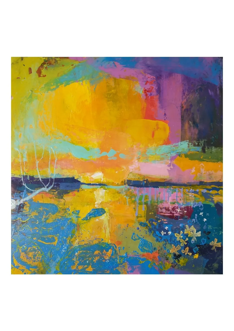 Abstract colorful painting with hints of orange, yellow, blue, purple, and pink, resembling a vibrant landscape or seascape.