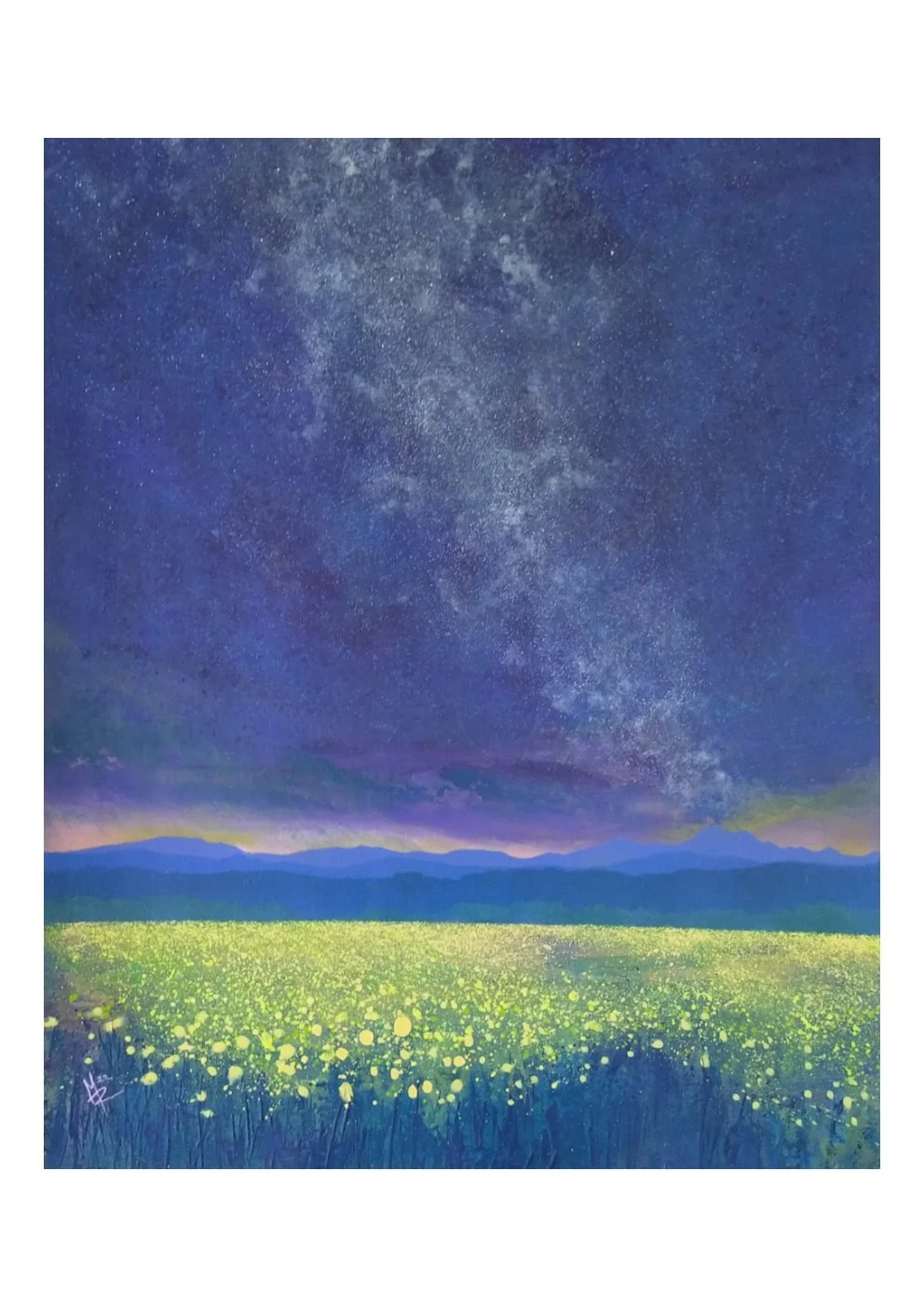 A painting of a starry night sky over a field of yellow flowers with distant mountains.
