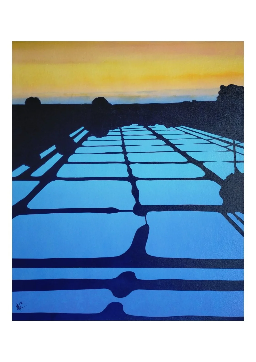 Silhouette of a bridge's shadow cast on a surface during sunset, with a colorful sky in the background.