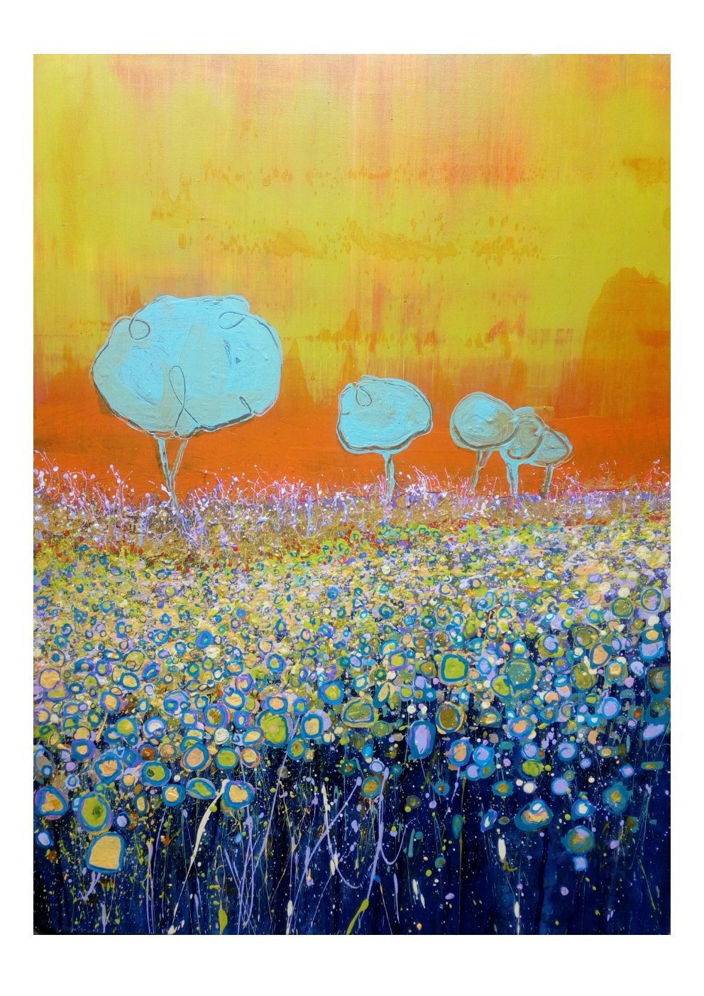 A colorful abstract painting of a field with three stylized trees and a sunset sky in the background.