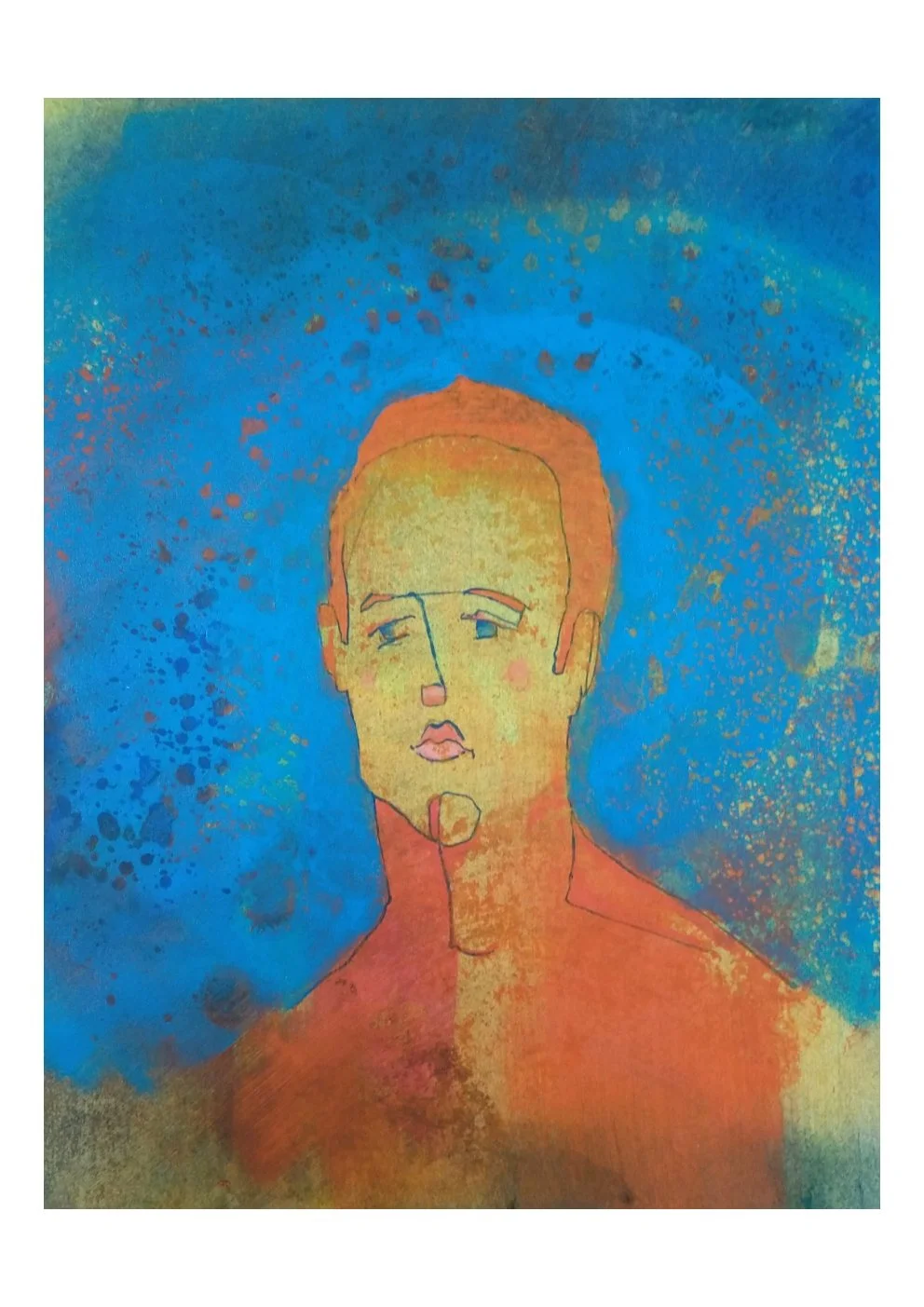 Abstract watercolor-style portrait of a young man with a beard, short hair, and a contemplative expression, set against a vibrant blue and orange background.