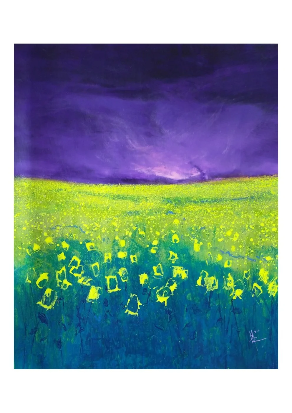 An abstract painting of a vibrant field with yellow flowers under a dramatic purple and dark sky.