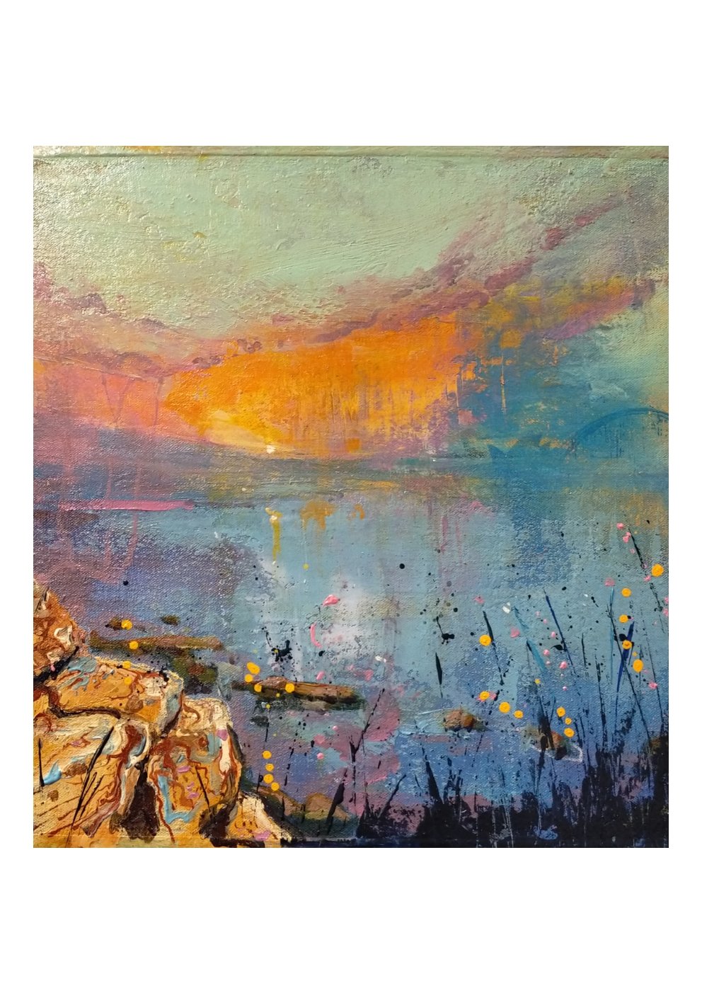 Abstract landscape painting of a sunset over a body of water with rocks and tall grasses in the foreground.