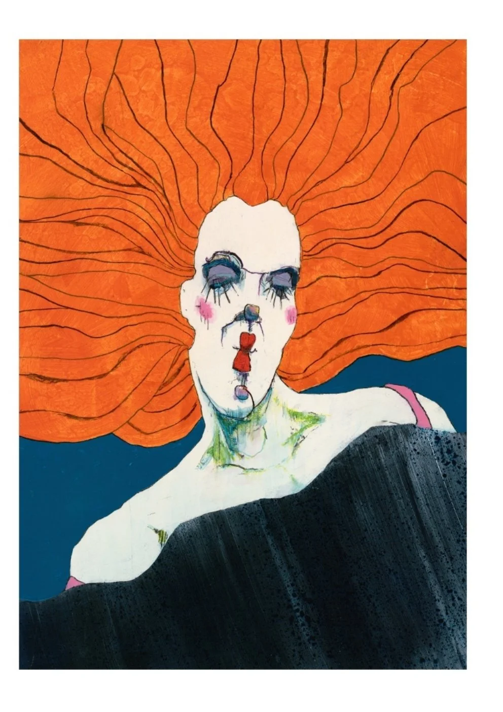 A surreal drawing of a woman with long flowing orange hair, closed eyes with heavy blue eyeshadow and long lashes, pink cheeks, and red lipstick, wearing a black strapless top, set against a dark background.