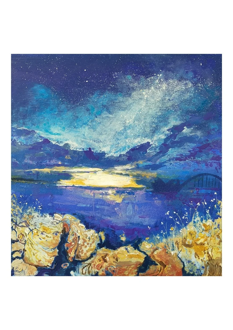 Watercolor painting of a starry night sky over a lakeside, with mountains and rocks in the foreground.