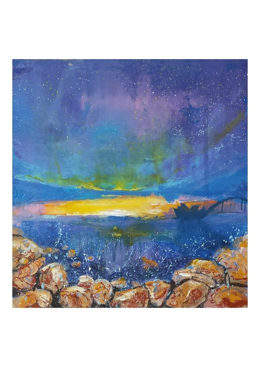 A colorful painting of a night sky with stars over a body of water, rocky shoreline in the foreground, and a bridge in the distance.