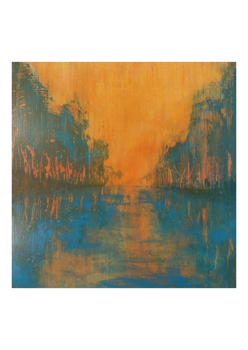 An abstract landscape painting depicting a sunset over a body of water with trees on either side, using warm orange and yellow tones with cool blue and green reflections.