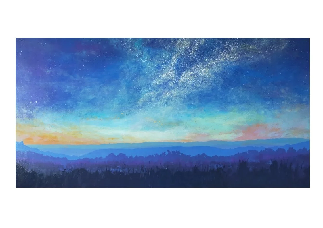 Painting of a night sky with stars over a mountain landscape at dawn, featuring a gradient of colors from dark blue to light orange.