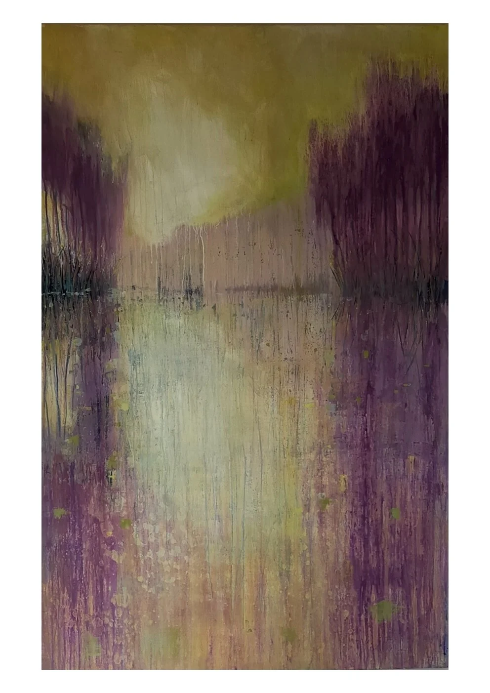 Abstract landscape painting with a water reflection scene, featuring purple trees and a yellow-green sky.