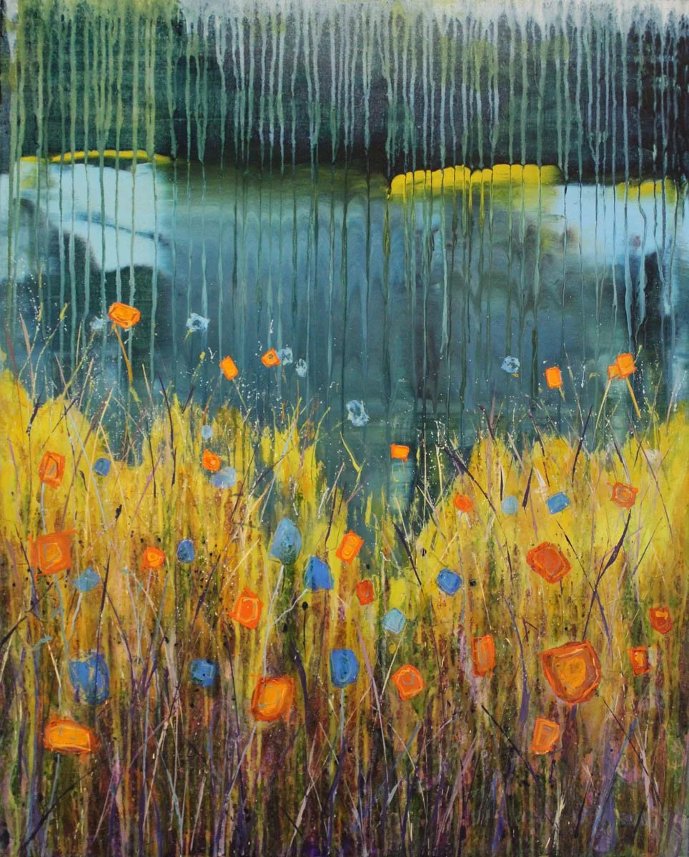 An abstract painting of a lake scene with tall grasses and orange and blue flowers in the foreground, green trees, and a body of water with reflections in the background.