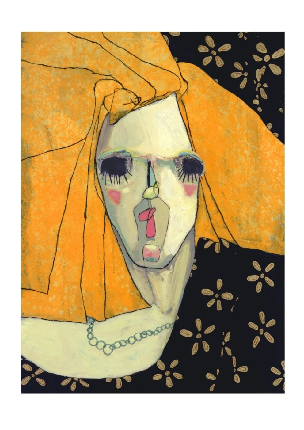 An abstract portrait of a woman with orange hair, exaggerated facial features, dark eye makeup, and pink blush. She wears a pearl necklace and a black dress with beige flower patterns.