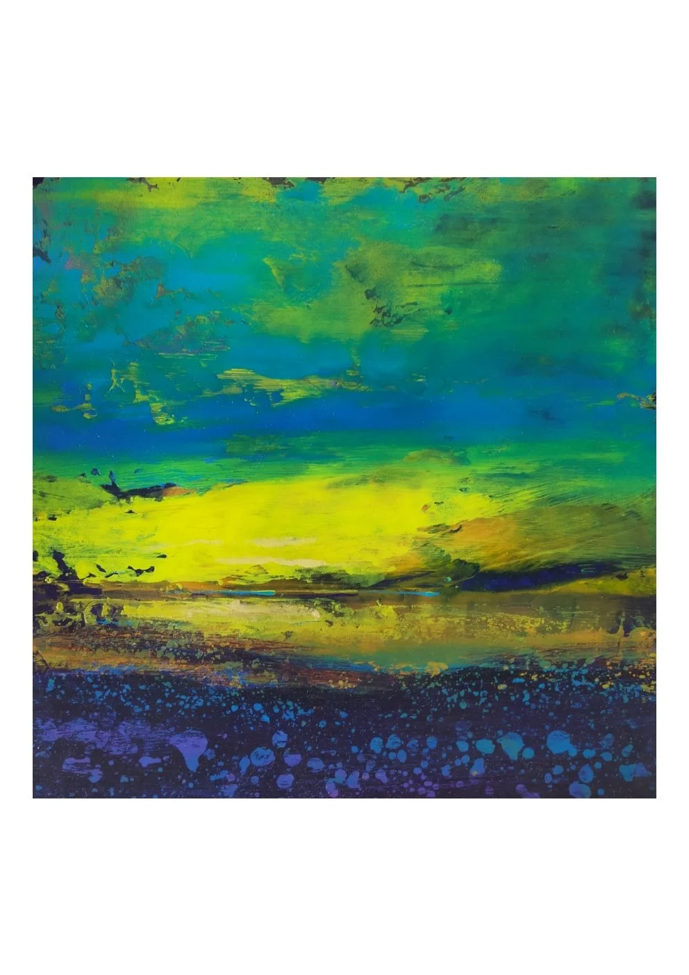 Abstract landscape painting with shades of green, blue, yellow, and purple, depicting a stylized sunset or sunrise over a body of water.