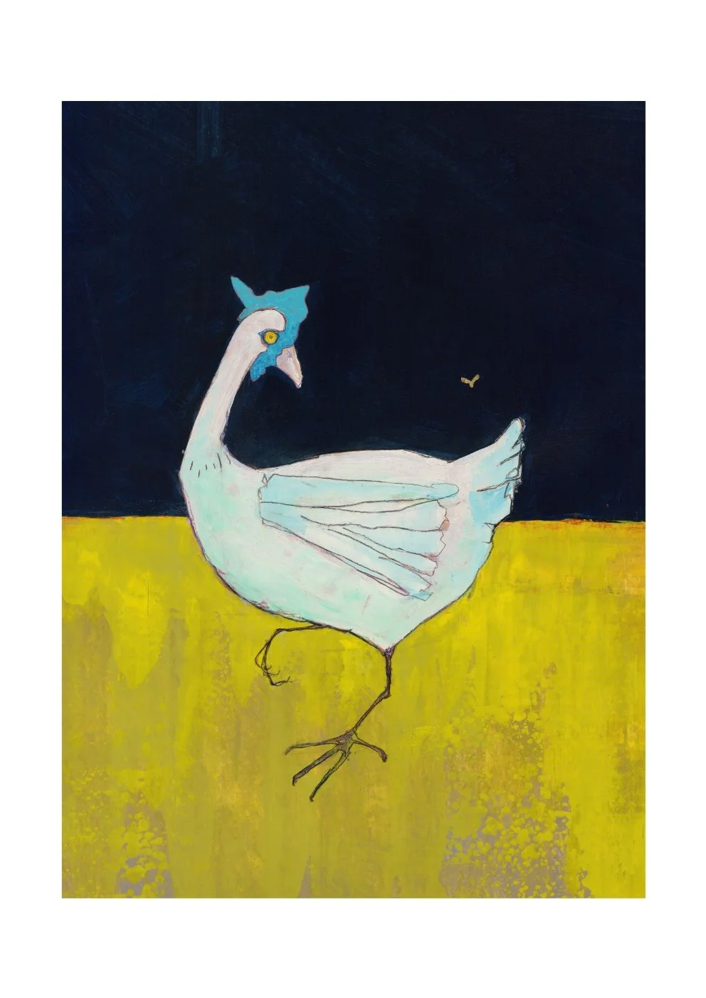 Abstract painting of a bird with a peacock-like head and wings, standing on a yellow ground with a dark blue sky background.