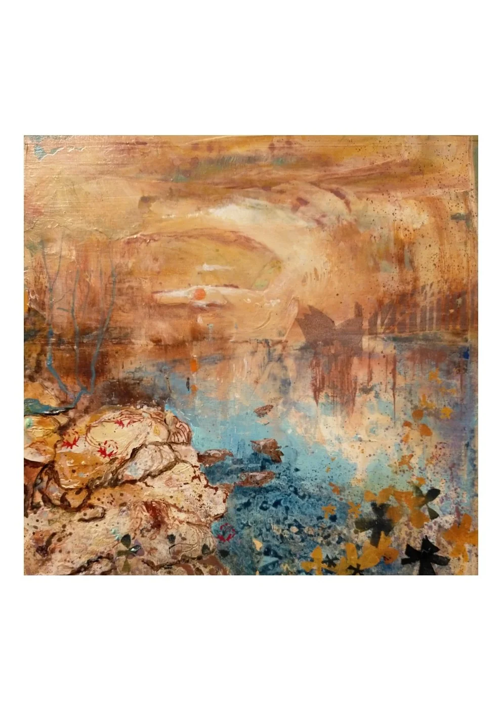 Abstract landscape painting with warm colors, featuring a rocky shoreline, blue water, and a sunset with an orange sky.