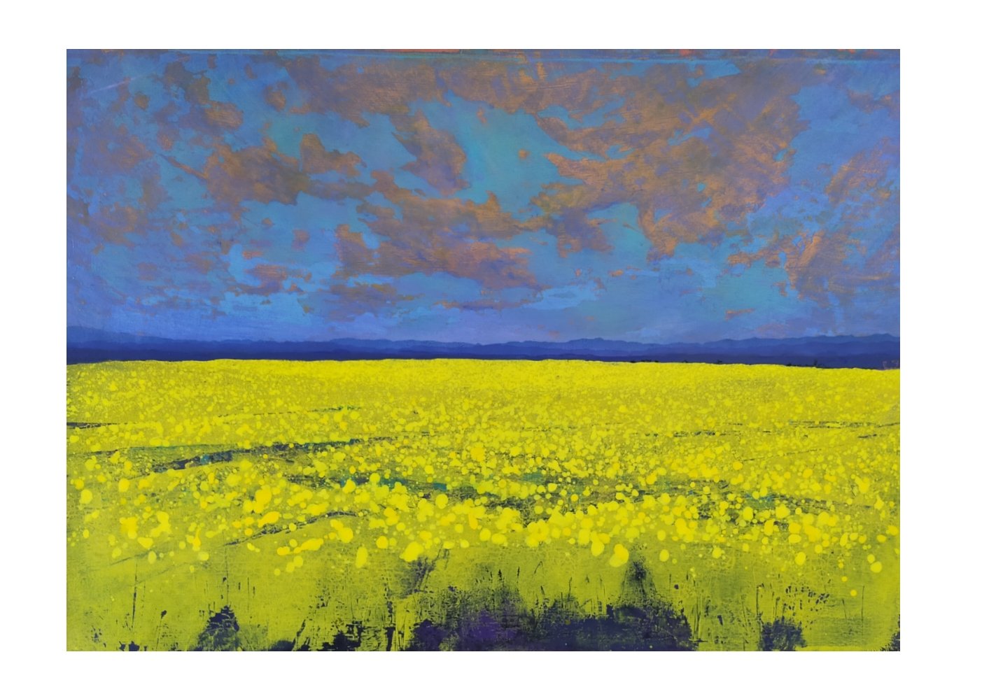 A vibrant painting of a yellow canola field under a blue sky with orange and pink clouds and distant mountains on the horizon.