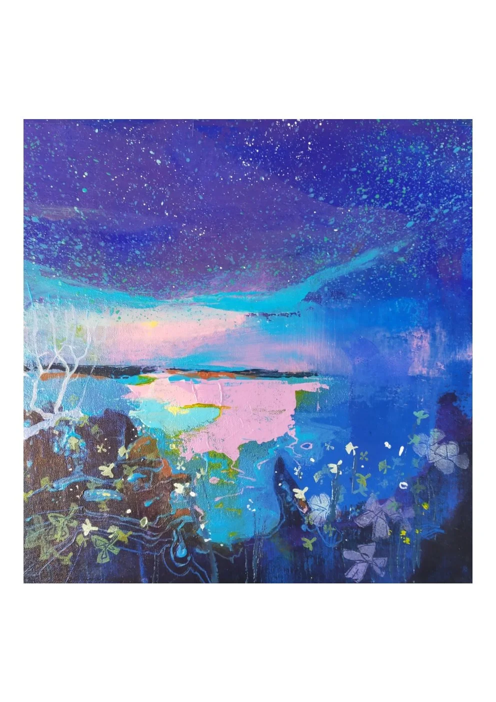 Abstract painting of a starry night sky over a river with upside-down plants and trees in the foreground.