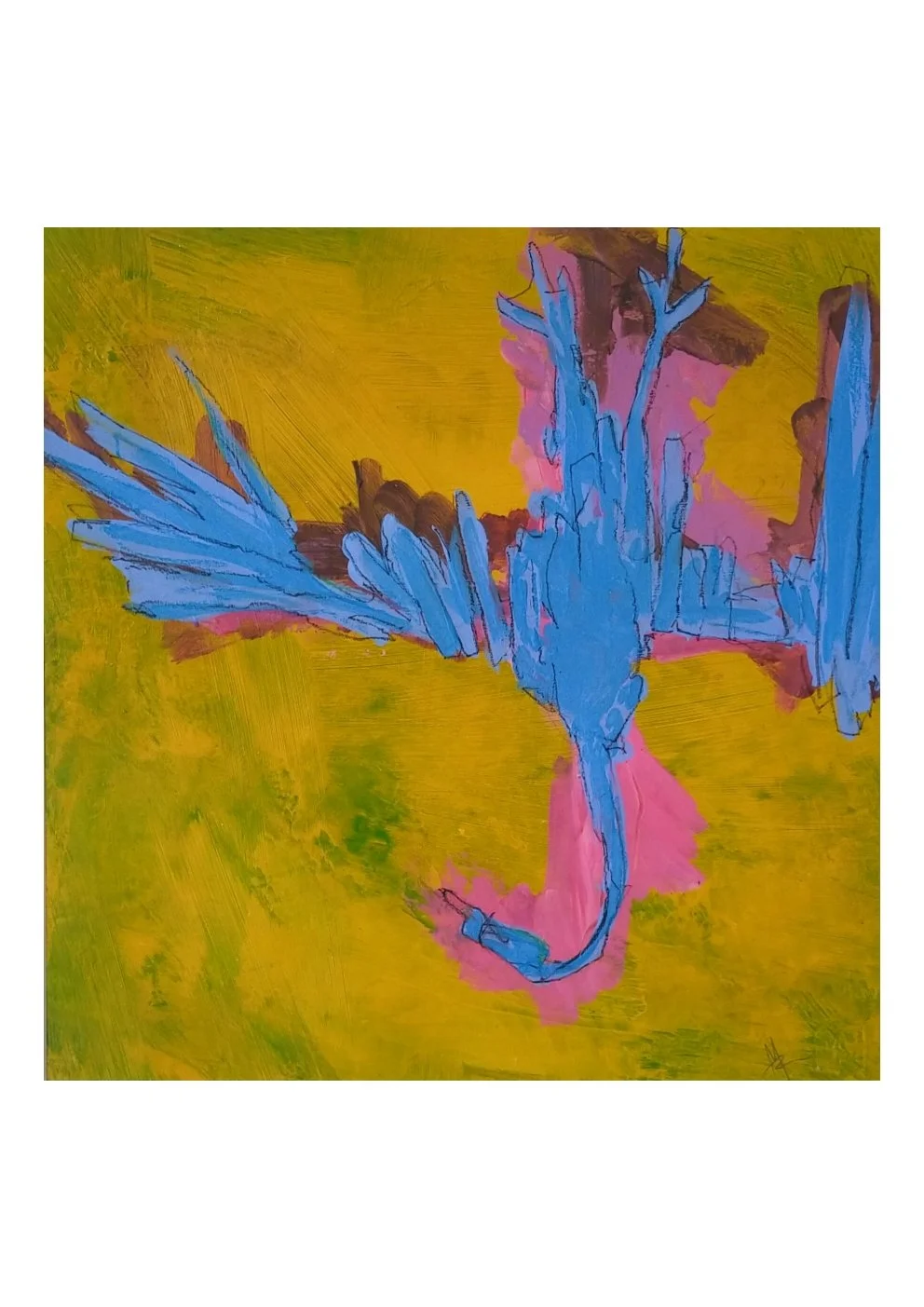 Abstract painting of a blue bird with pink and yellow background.