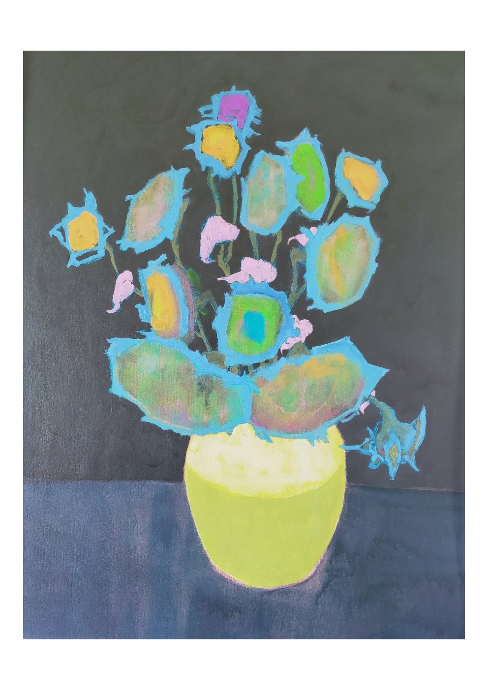 Colorful abstract painting of flowers in a yellow pot against a dark background.