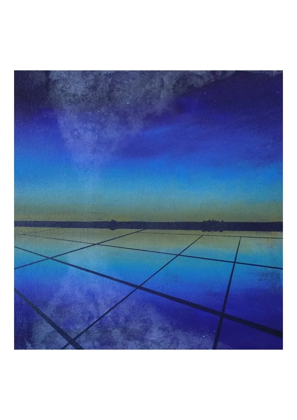 Night sky with stars and the Milky Way galaxy above a tiled reflective surface, possibly a swimming pool or glass floor.