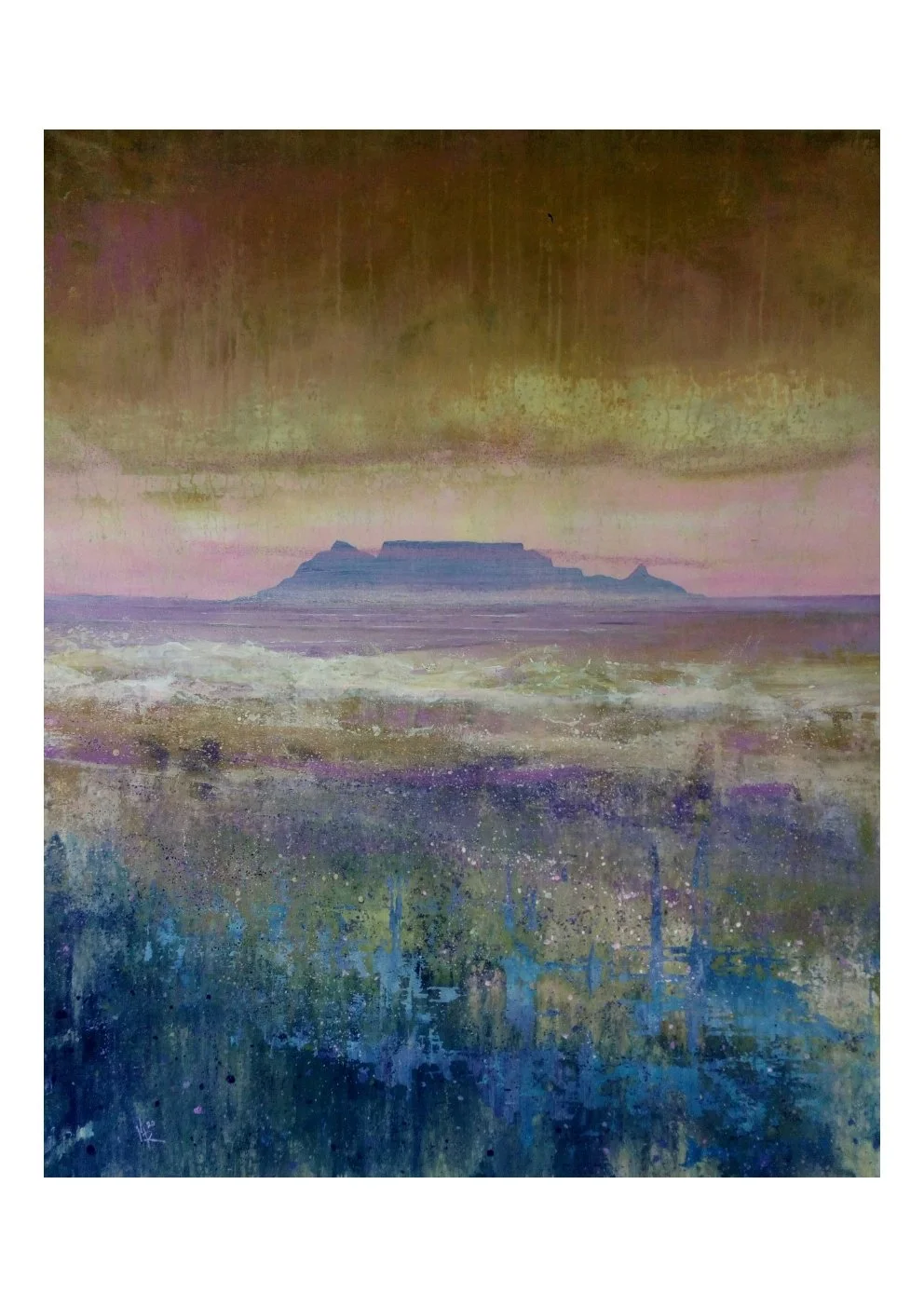 Watercolor painting of a landscape with a flat-topped mountain in the distance, colorful sky, and abstract foreground in tones of purple, blue, green, and pink.