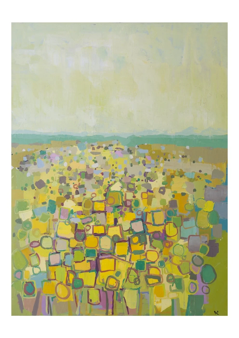 Abstract landscape painting depicting a vast field of colorful, irregular shapes representing crops under a light sky.