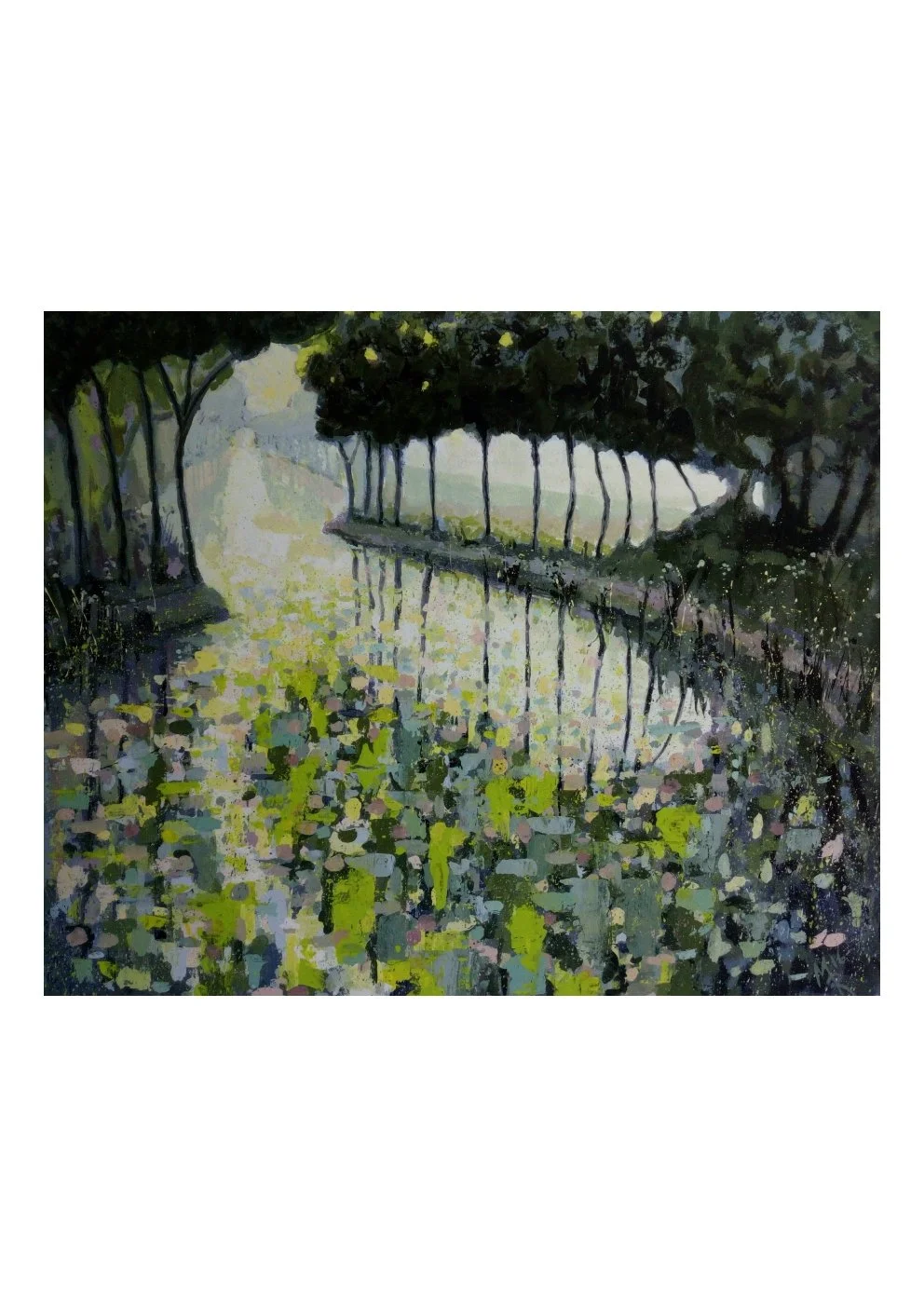 A painted scene of a river with trees on both sides, reflecting in the water, and a canopy of dark green leaves overhead.