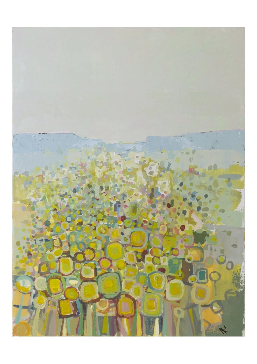An abstract painting of a field of yellow sunflowers under a pale sky, with colorful circular shapes representing the flowers.