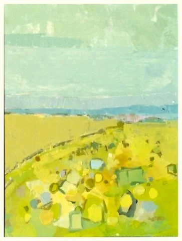 Abstract landscape with green, blue, and yellow tones.