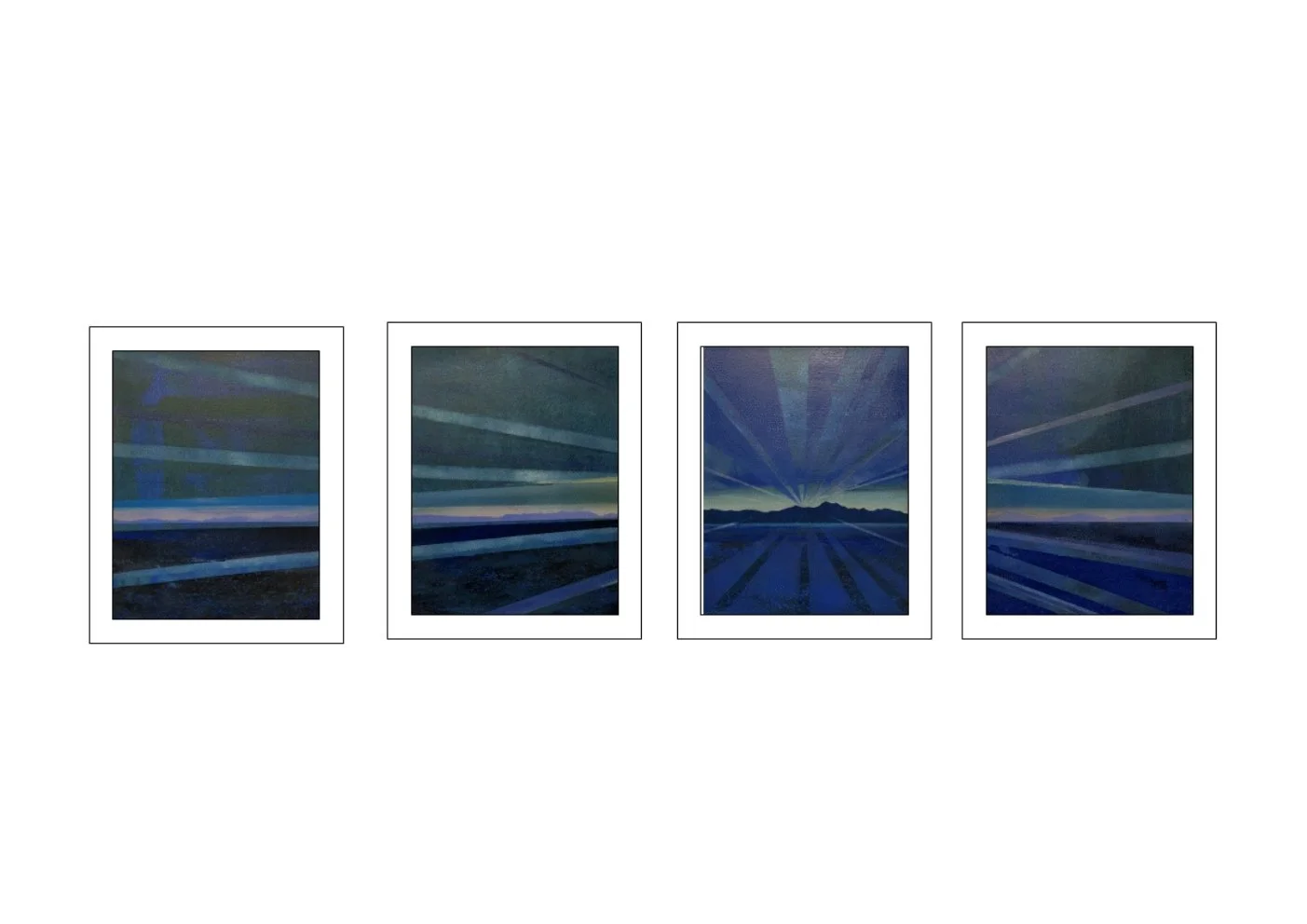 Abstract digital art depicting a landscape with rays of light radiating from the horizon, over distant mountains and a dark foreground.
