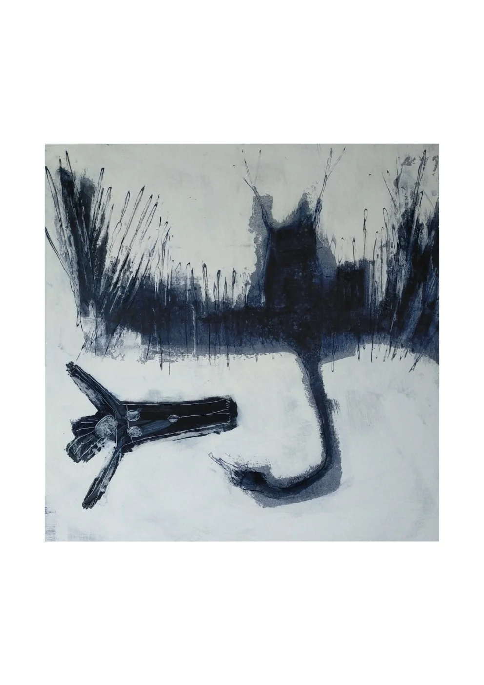 Abstract black and gray watercolor painting on paper that resembles a dog with a butterfly on its snout.