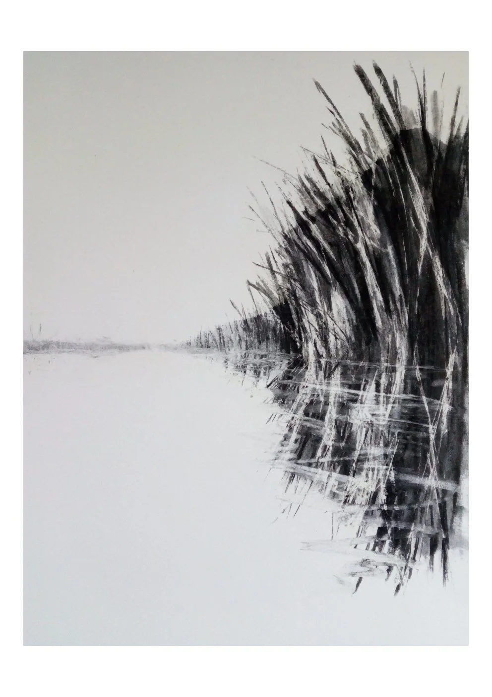 Black and white abstract landscape featuring tall grasses or reeds near water, with reflections on the surface.