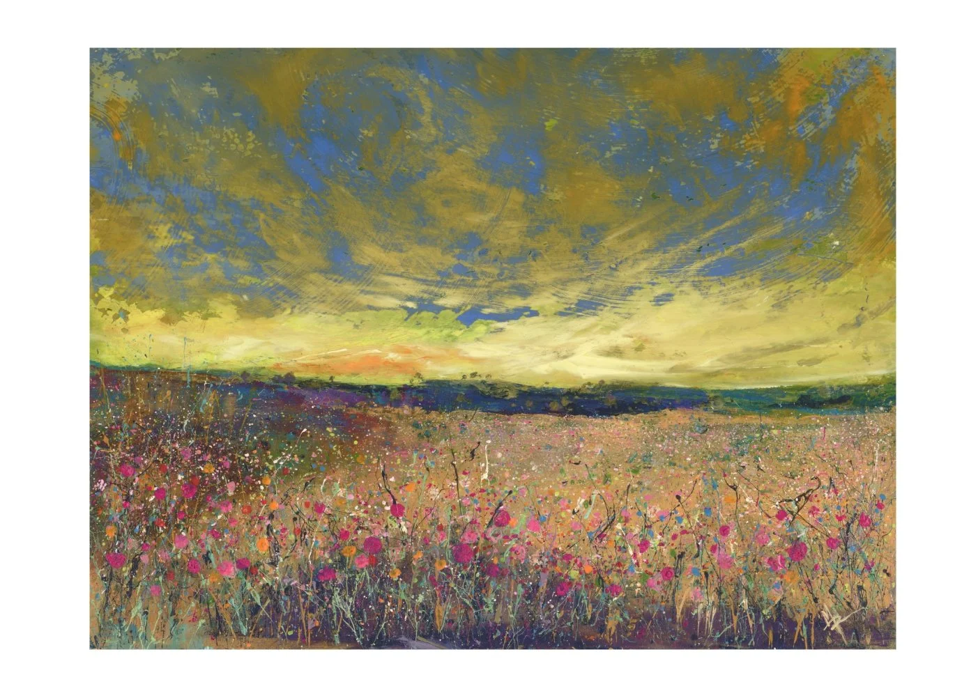 Abstract landscape painting of a field with pink flowers under a cloudy sky at sunset.