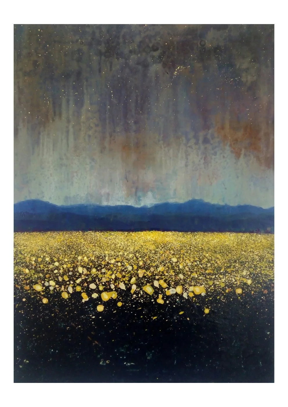 A landscape painting featuring a starry night sky, distant mountains, and a field of yellow flowers in the foreground.