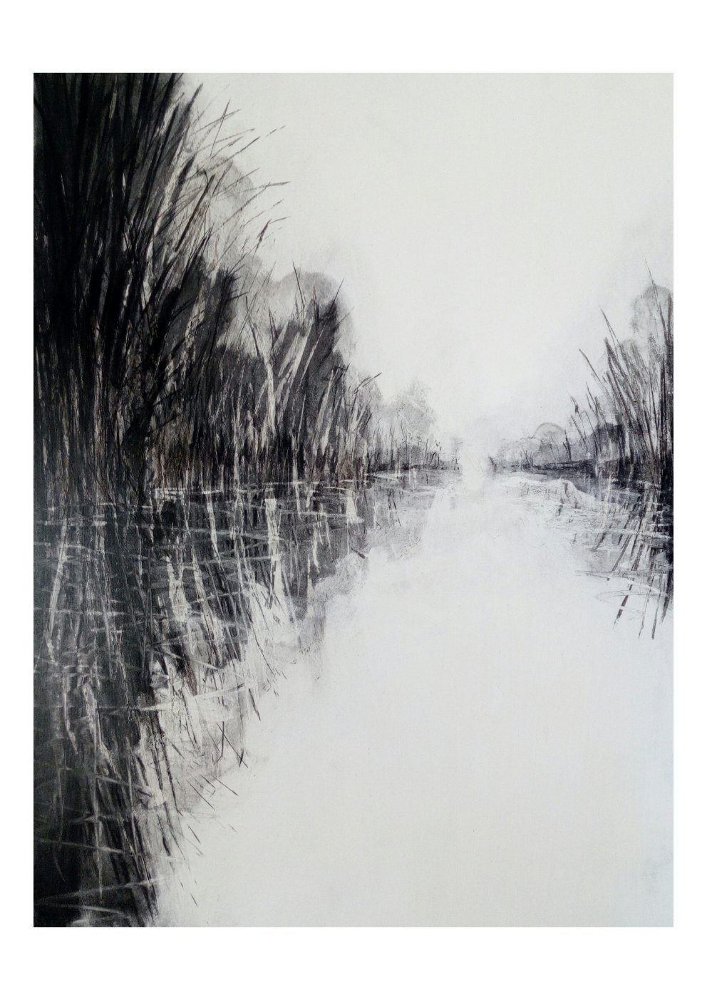 Black and white landscape drawing of a river with trees along the banks, with their reflections in the water, and a foggy sky.