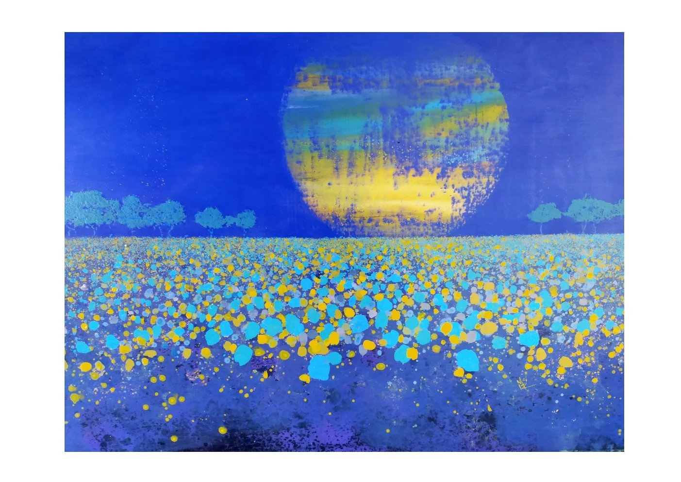 Abstract painting of a large yellow sun with a greenish-blue halo, shining over a blue field with yellow and blue dots, with three stylized blue clouds and a blue sky.