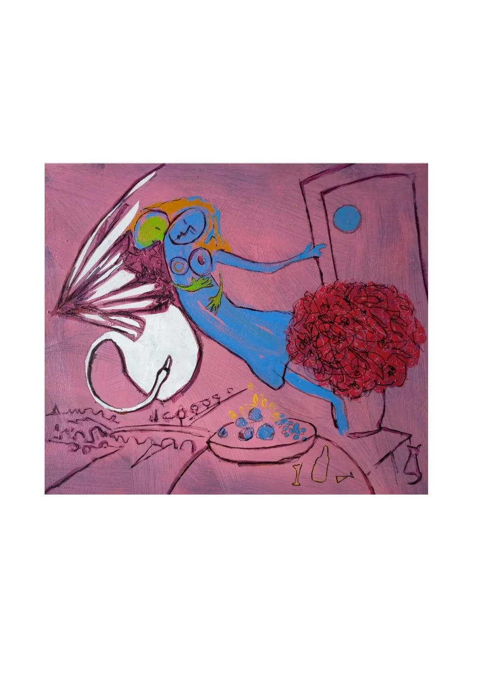 An abstract painting of a woman with blue skin and yellow hair, holding a bouquet of red flowers, in a room with pink walls, a bowl of fruit with candles, and a white cat.