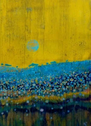 Abstract painting featuring a yellow sky, a blue sun, and a landscape of blue, white, and purple dots resembling flowers.