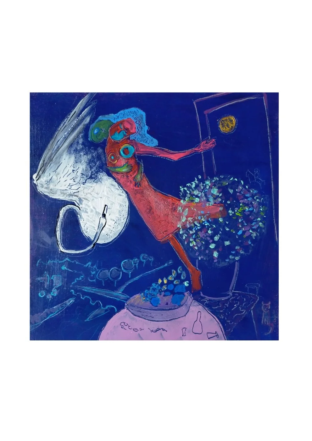 An abstract painting of a person with multicolored features, reaching toward a framed object on the wall while surrounded by various objects, including a potted plant with flowers on a table, a bowl with flowers, and other household items, all agains