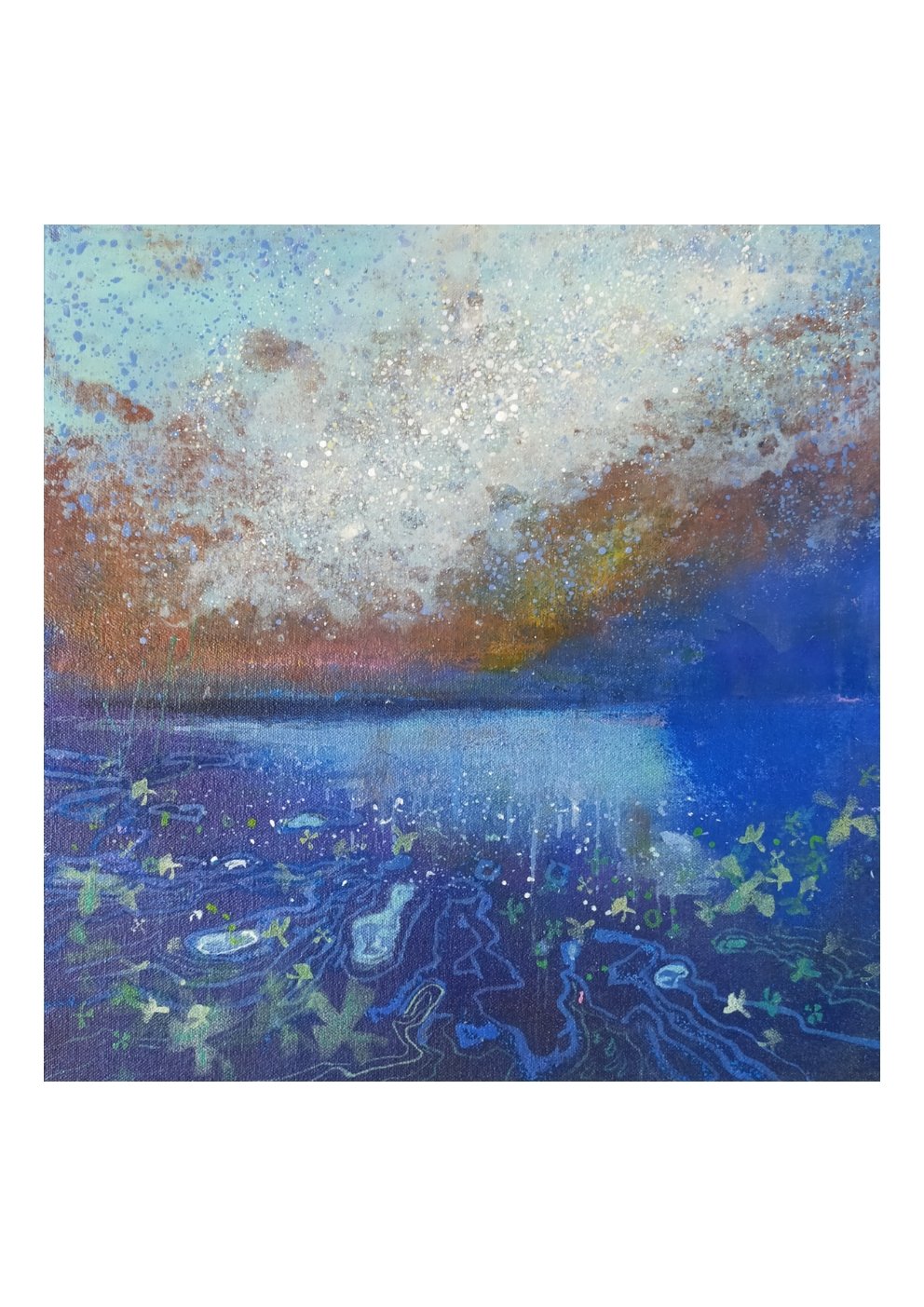 Abstract painting depicting a colorful sky with clouds, a body of water, and land with greenery in vibrant, mixed colors.