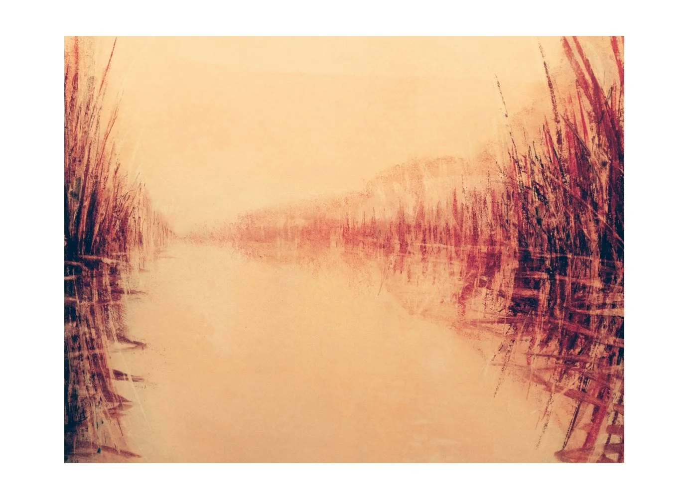 A boat docked on a calm river at sunset, with tall grasses on both sides and a warm orange sky.