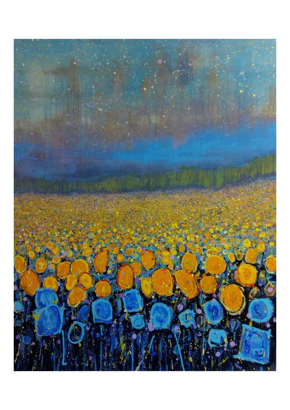 A colorful painting of a large crowd of people, mostly wearing yellow hats, facing towards a city skyline under a starry night sky.